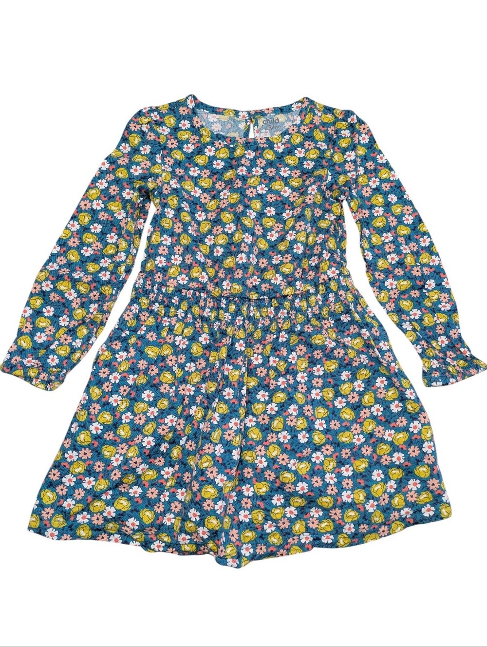 Carter's Blue Floral Long-Sleeve Knit Dress with Pink & Yellow Flowers